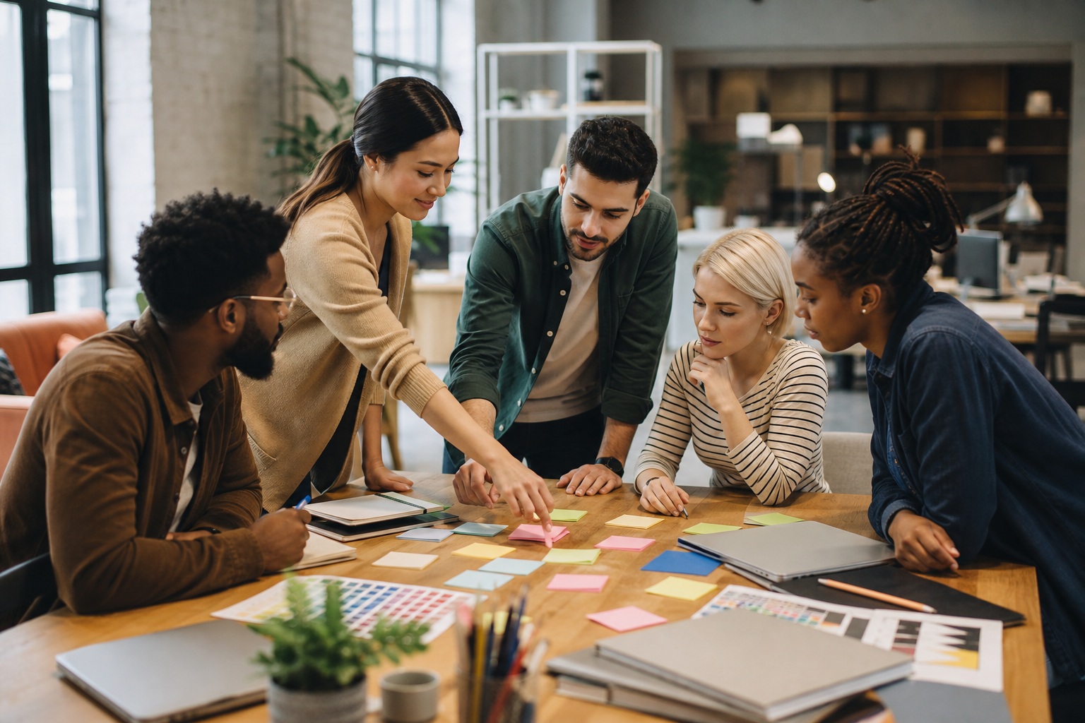 Four coworkers discussing sticky notes around a conference table in a modern office