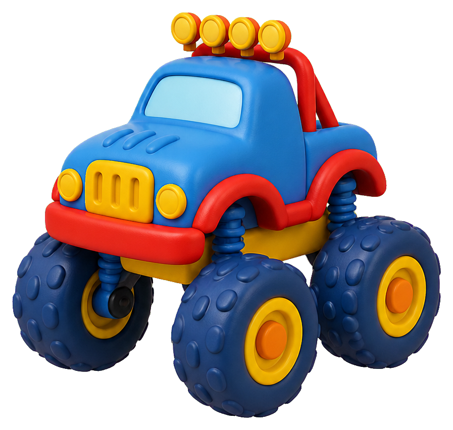 Blue toy monster truck with yellow wheels and red accents