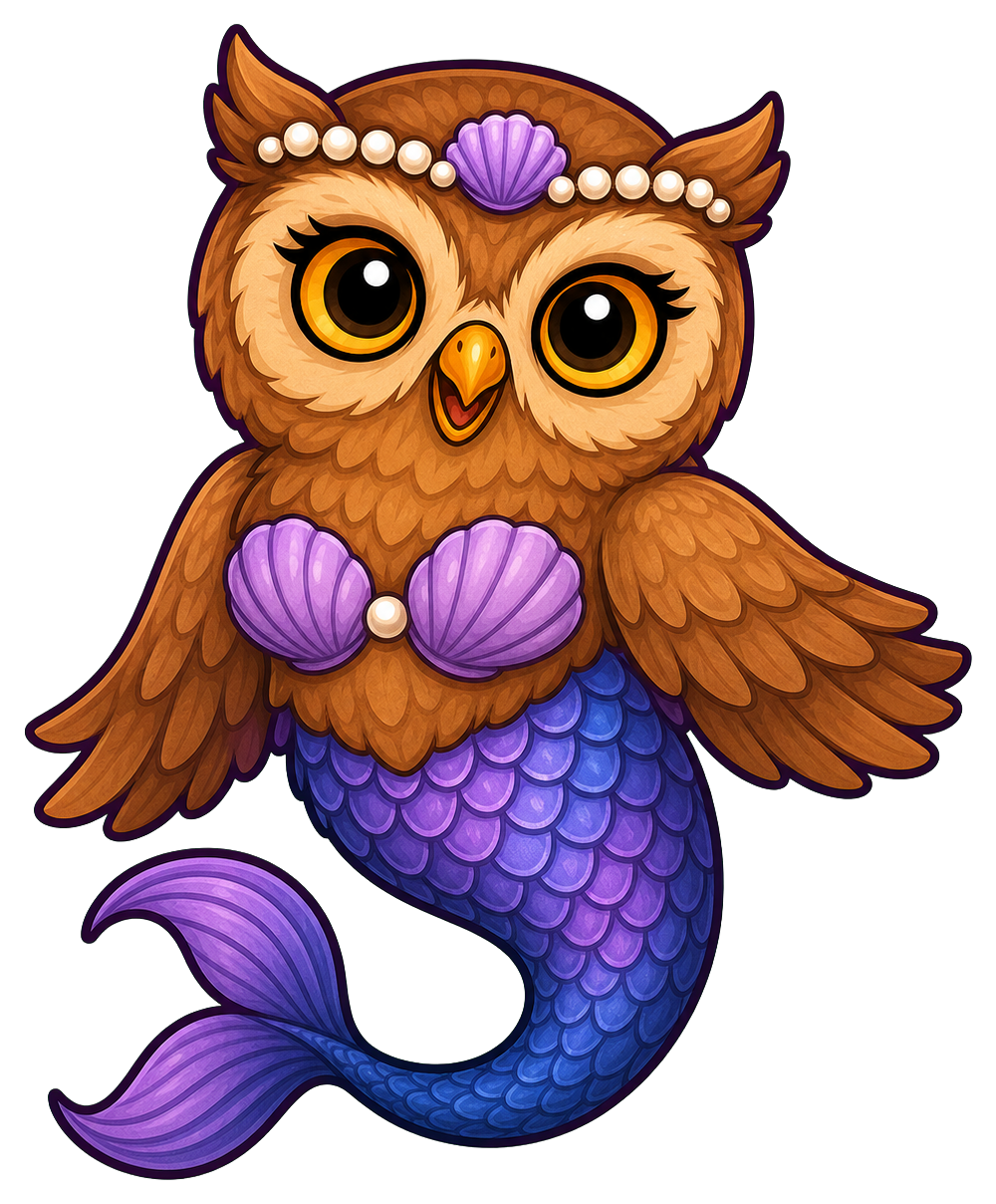 Cute mermaid owl with purple tail and shell details