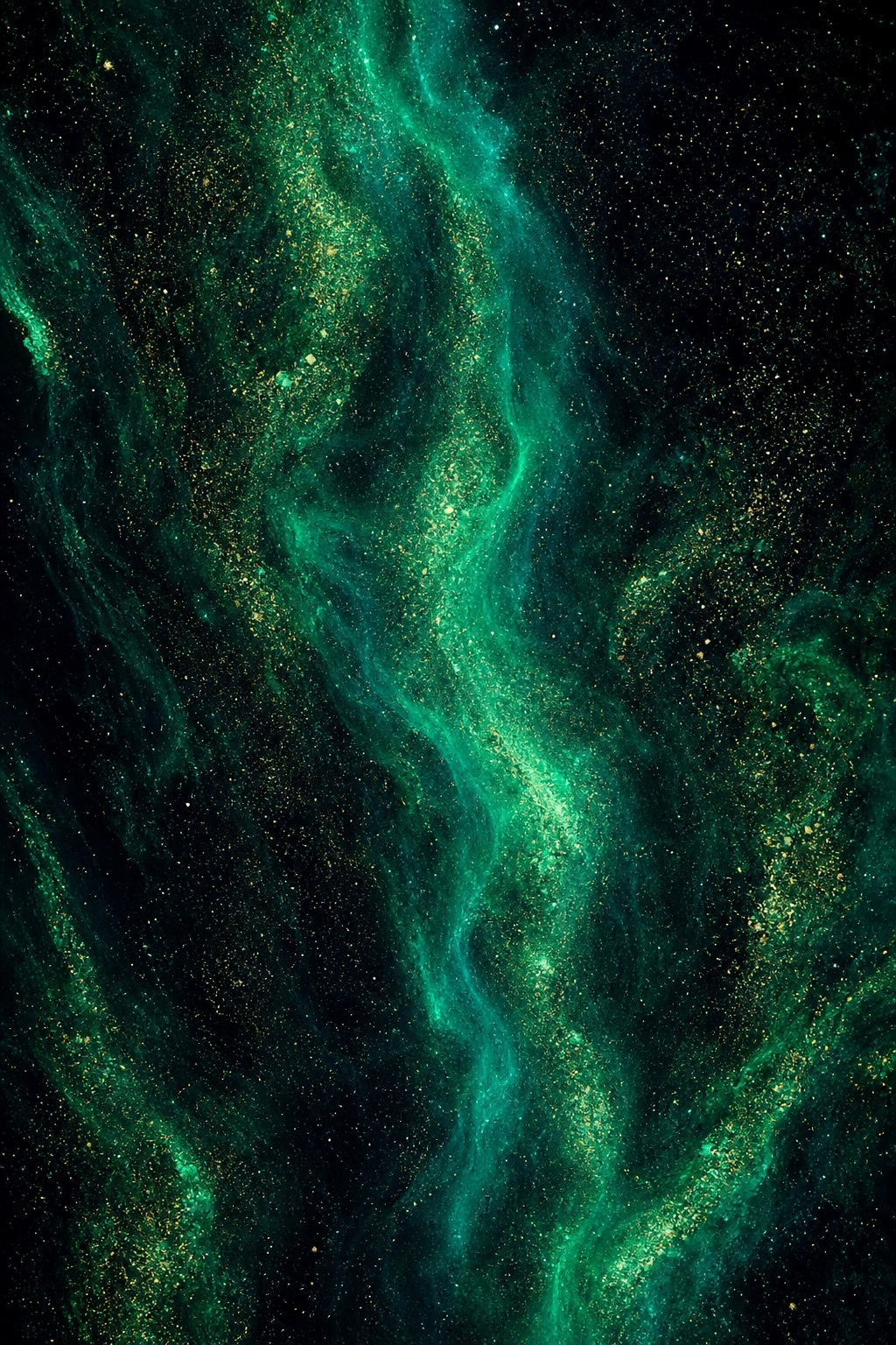 Glowing green cosmic dust swirls on a dark space-like background.