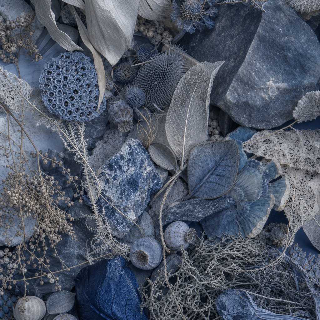 Dried botanical stems, leaves, and seed pods arranged in a mineral blue still life background.