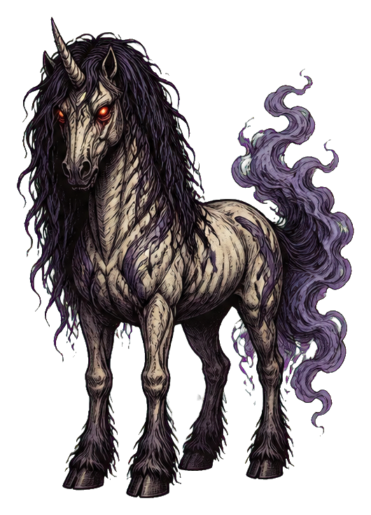 A skeletal horse-like monster with glowing red eyes and purple smoky tail.