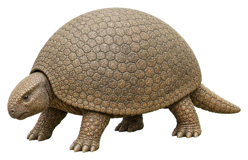 Realistic domed glyptodon walking in profile with armored shell