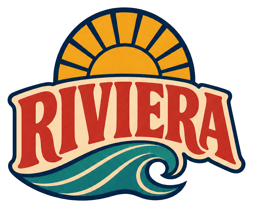 Retro Riviera word sticker with a sunburst above and a teal wave below.