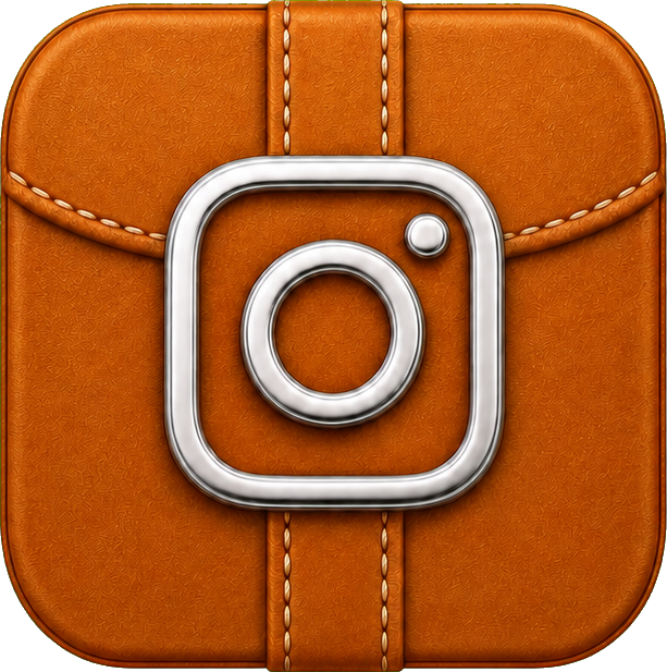 Caramel leather square icon with stitched edges and a silver camera symbol