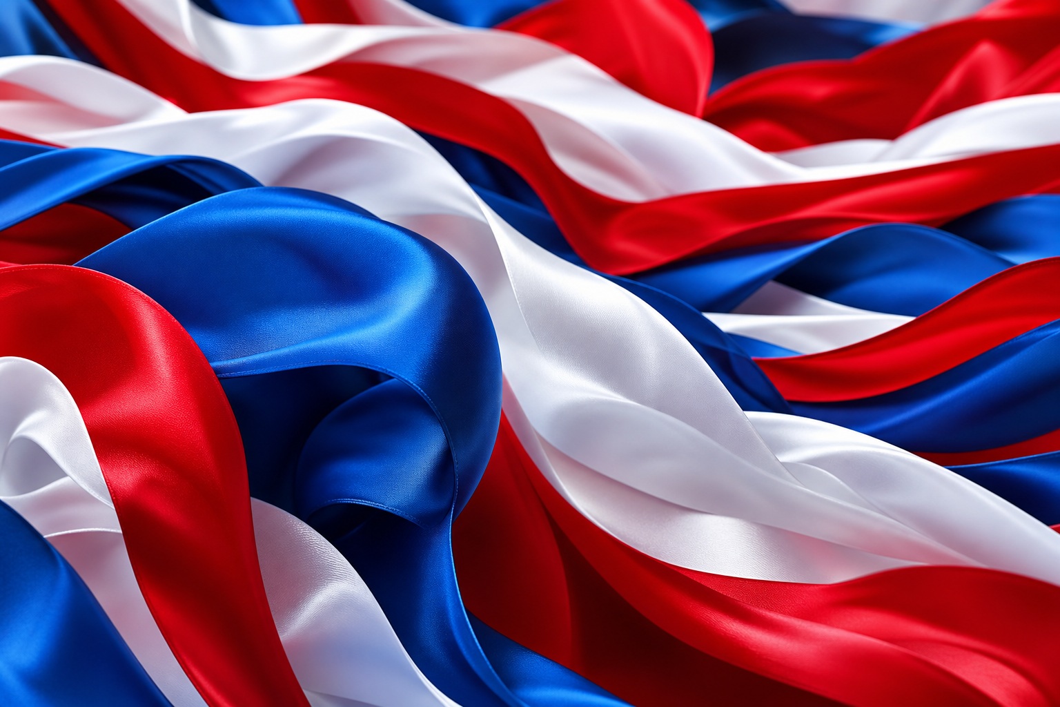 Abstract red, white, and blue fabric ribbons layered in flowing waves