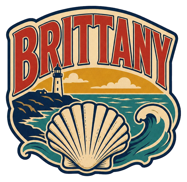 Retro Brittany word art above a seashell with wave and lighthouse illustration.