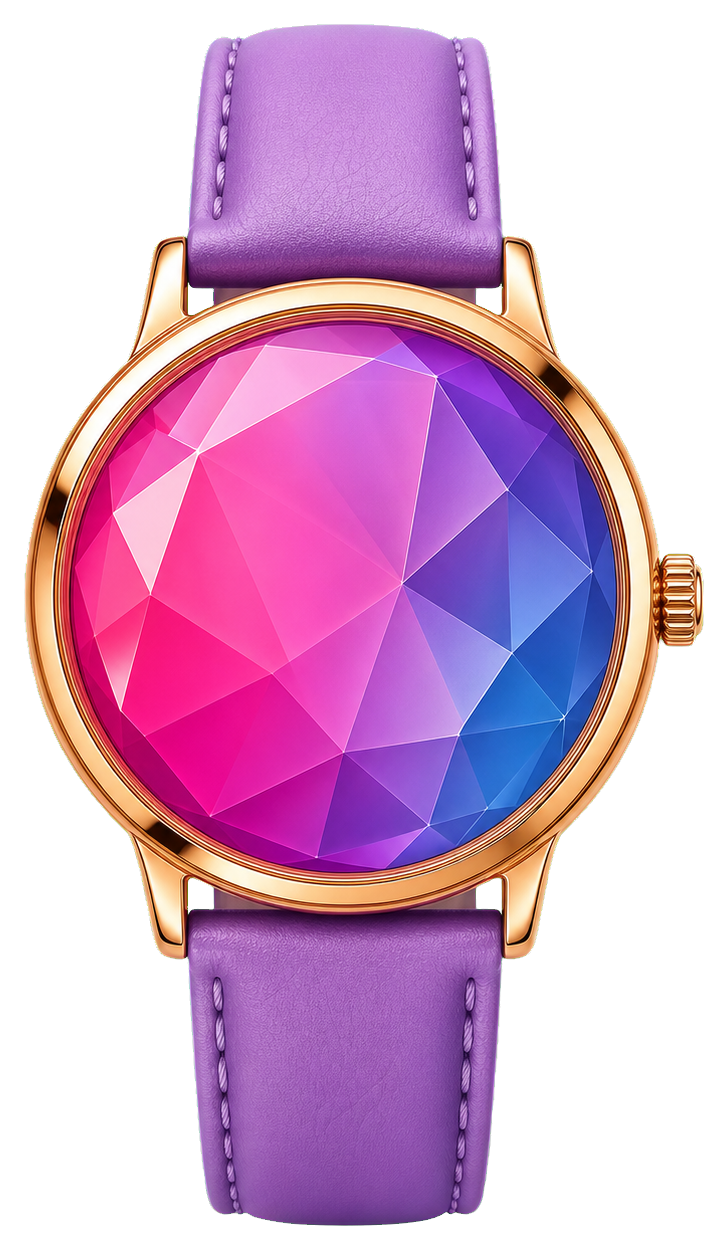 Purple wristwatch with a colorful geometric watch face