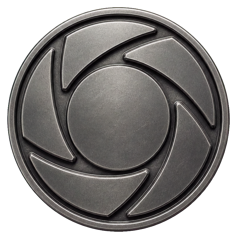 Dark metallic coin sticker with segmented arc pattern and raised circular relief