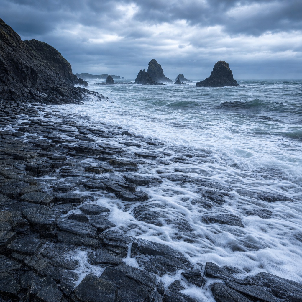 Foamy waves washing over a rocky basalt shore with sea stacks under a blue overcast sky.
