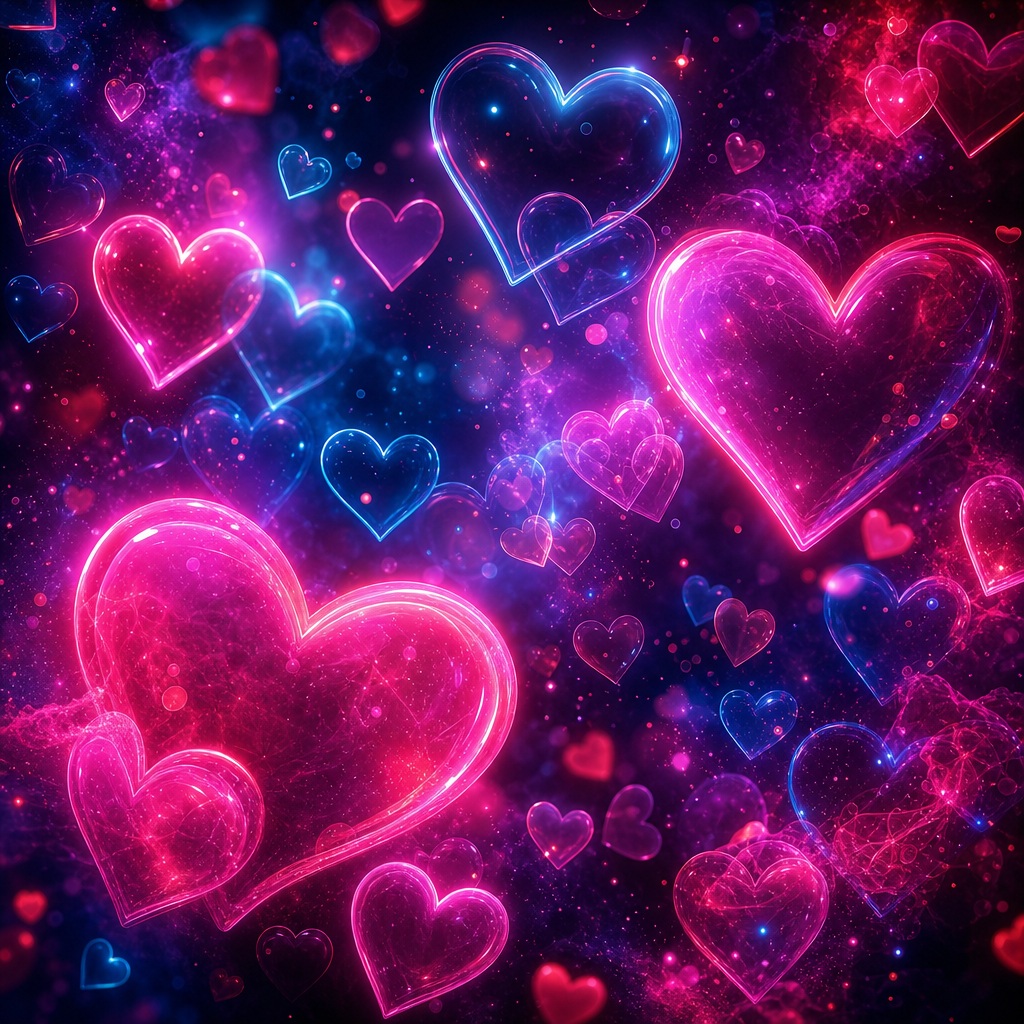 Pink and blue neon hearts glowing on a dark sparkly background