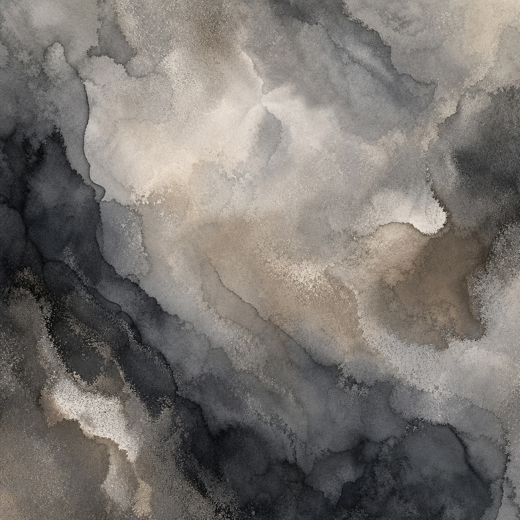 Abstract mineral pigment wash with soft gray, beige, and charcoal cloud-like texture