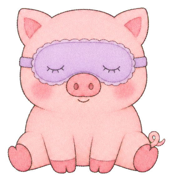 Cute pink pig sitting with eyes closed and a lavender sleep mask over its face.