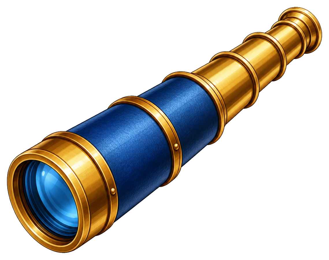 Blue and gold telescope illustration angled to the right