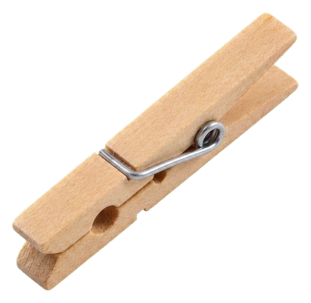 A natural wood clothespin with a metal spring on a white background