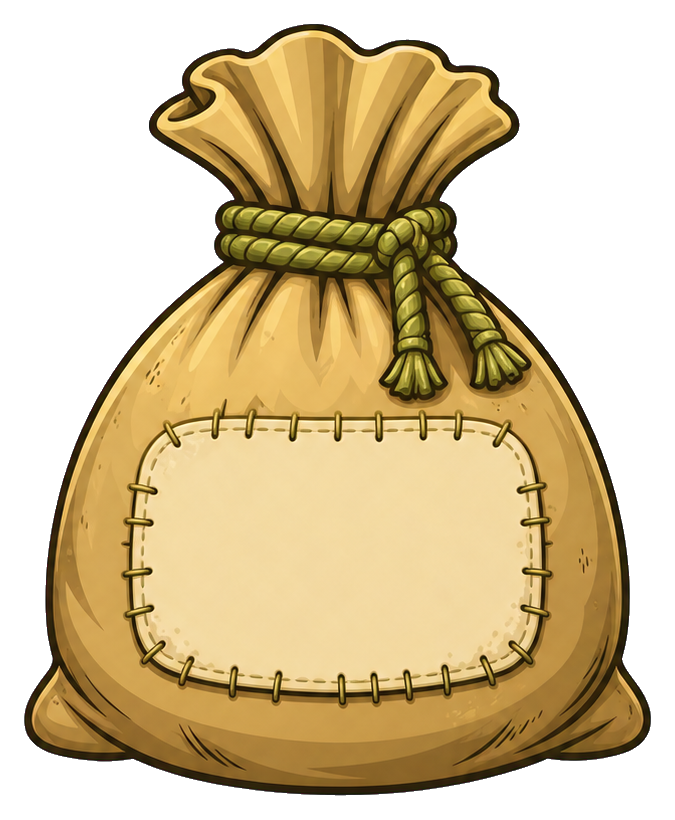 Illustrated gold money bag with a blank stitched label panel