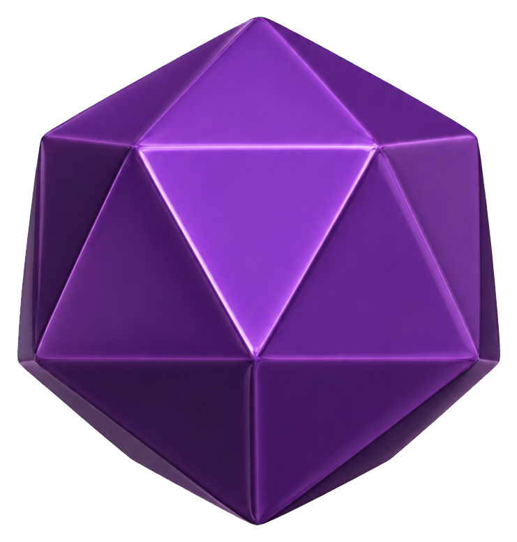Purple blank twenty sided die sticker with faceted geometric sides.