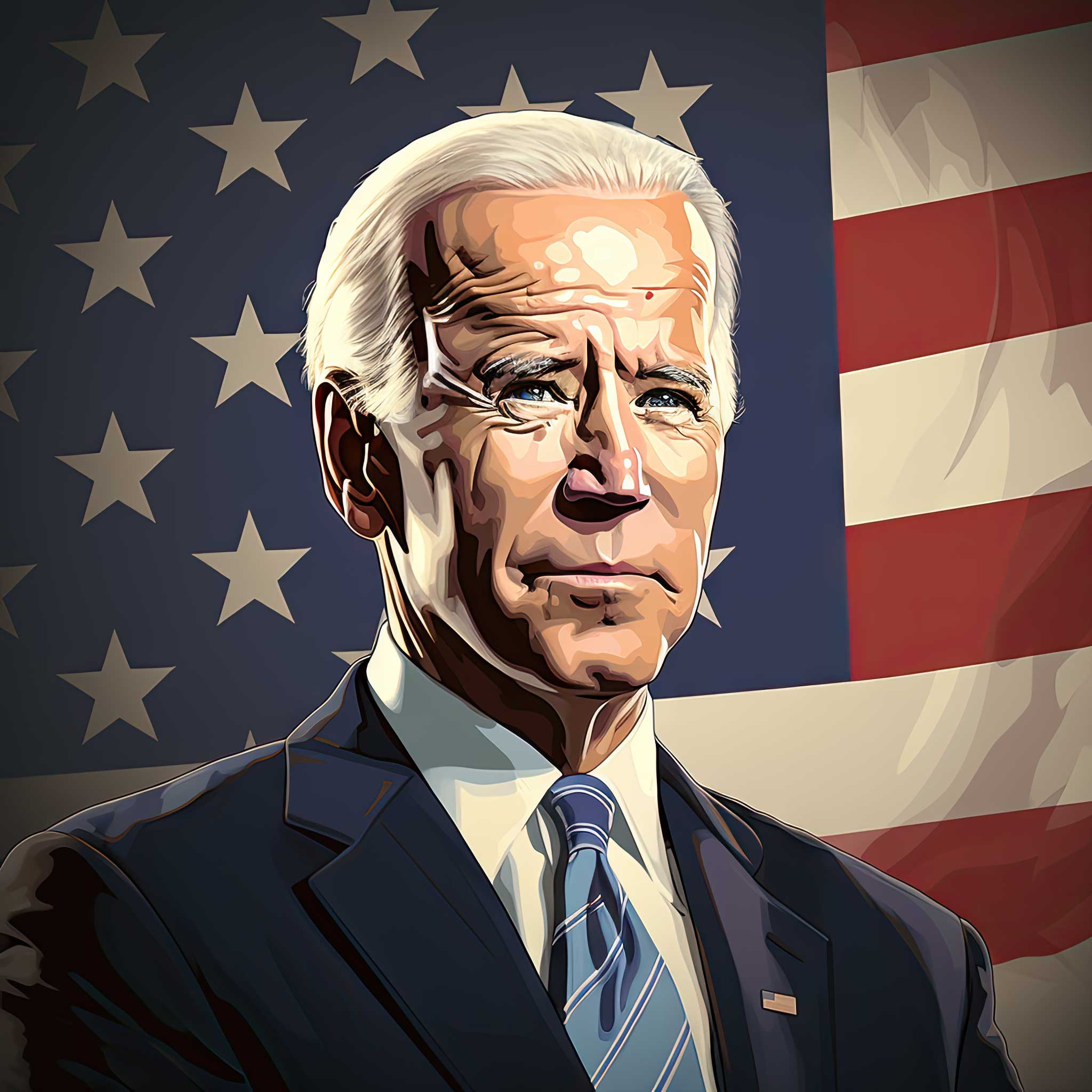 Stylized portrait of Joe Biden in front of a waving American flag.