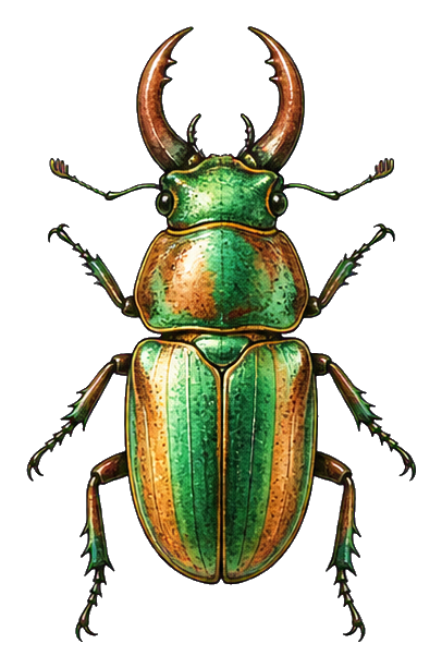 An emerald and gold stag beetle sticker with large antlers and detailed body markings.