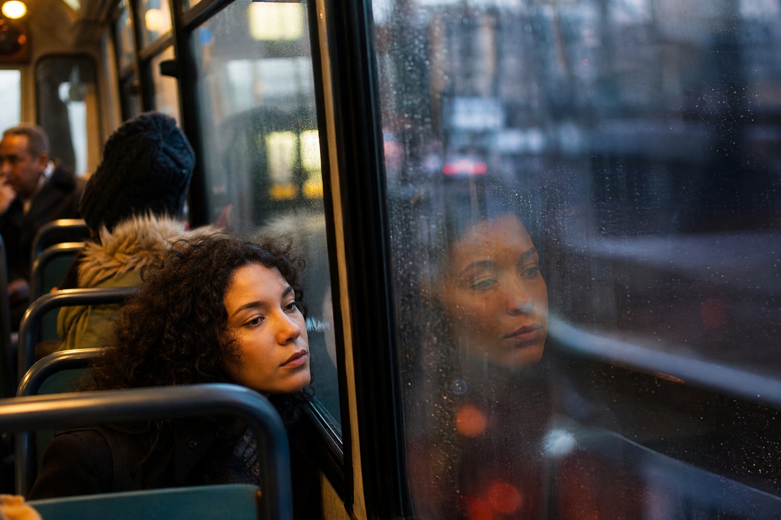Woman seated on a bus beside a window with a reflection of the transit scene