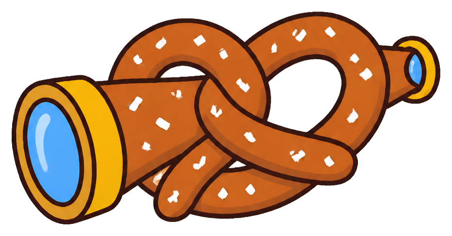 A wacky brown pretzel shaped like a telescope with blue lenses