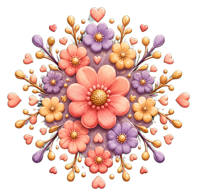 Colorful flower sunburst with layered blossoms and small heart accents