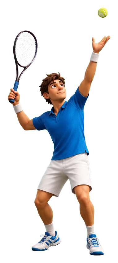 Animated tennis player in a blue shirt serving with a racket raised overhead.