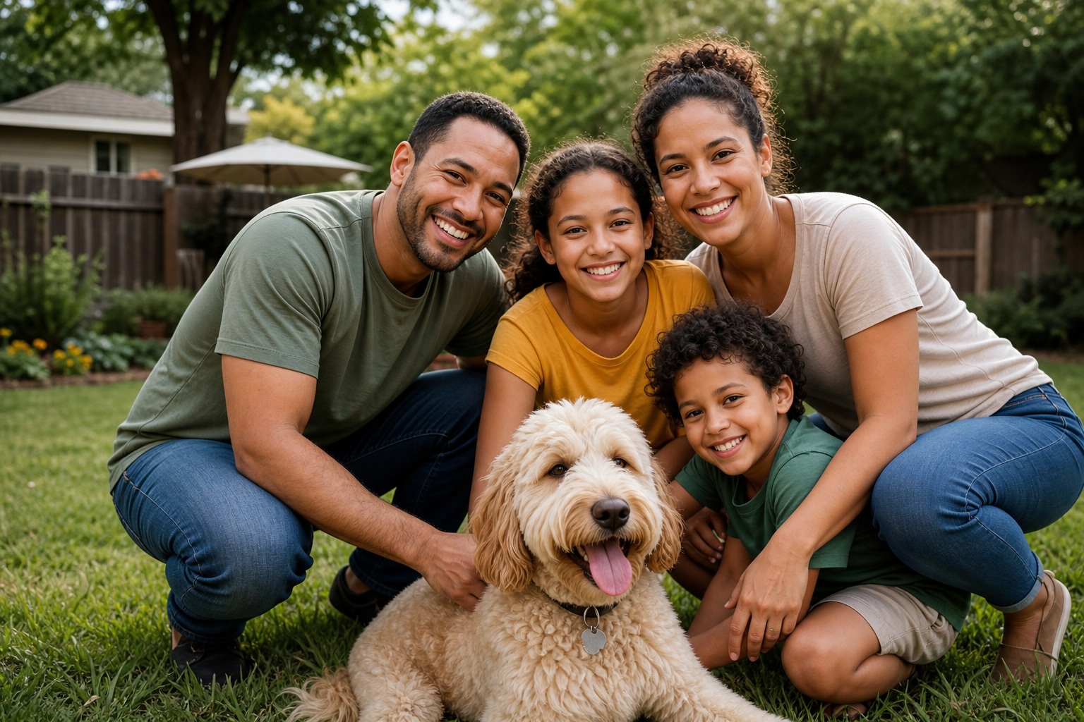 Smiling family crouching with a fluffy dog in a backyard