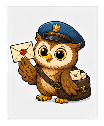 Cartoon owl in a postal cap holding an envelope and satchel