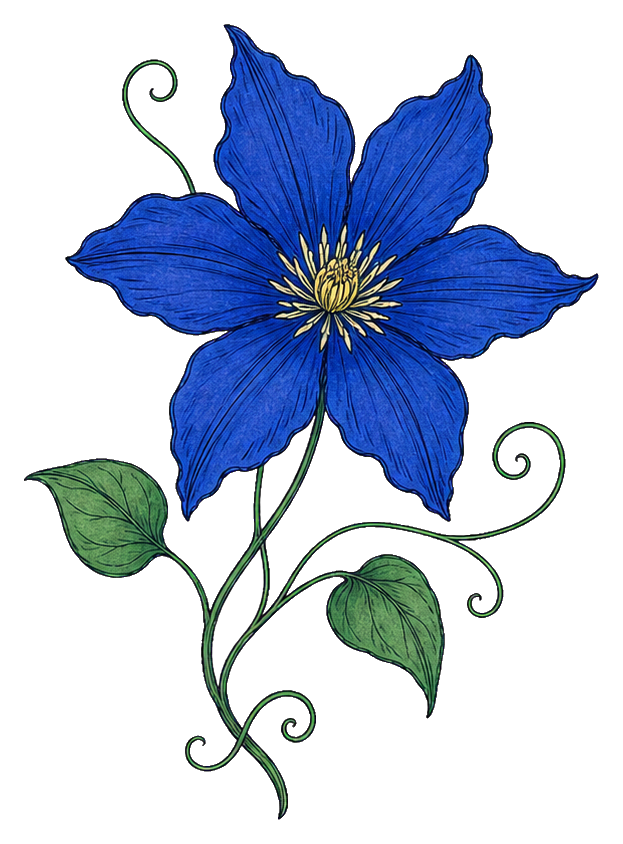 Deep blue clematis flower with green leaves and curling vines on a transparent background.