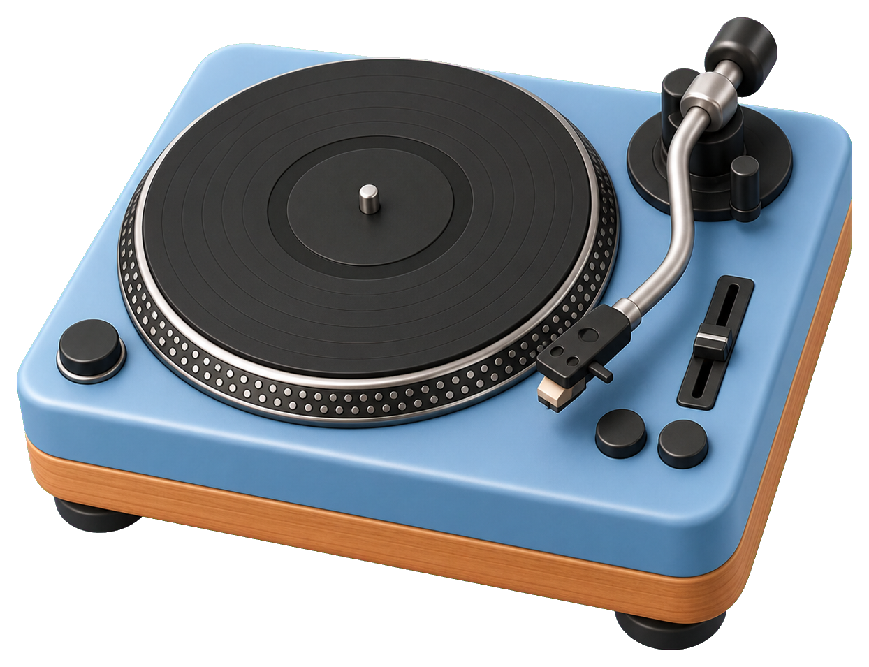 A blue turntable with a black vinyl record and tonearm