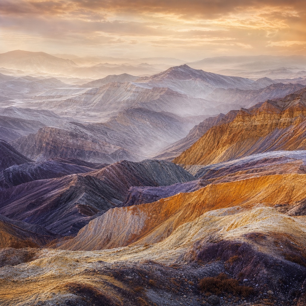 Layered futuristic mountain ridges under an amber twilight sky