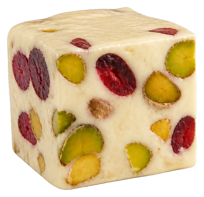 Realistic cube of fruit and nut nougat with colorful fruit pieces embedded inside