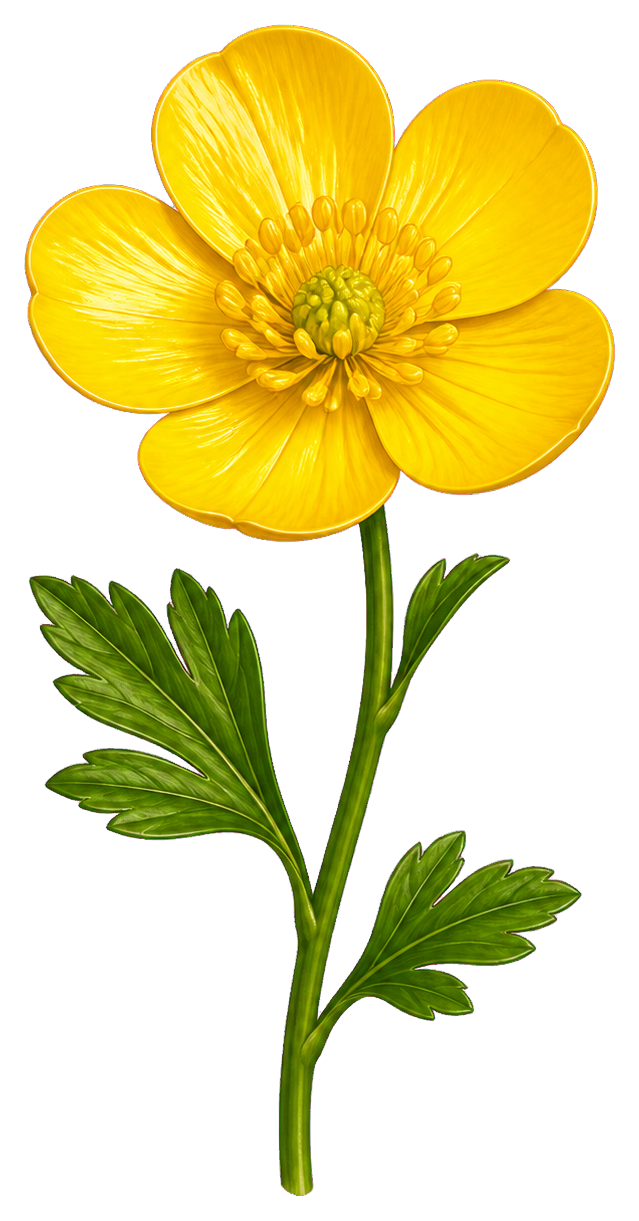 Bright yellow buttercup flower with green stem and leaves