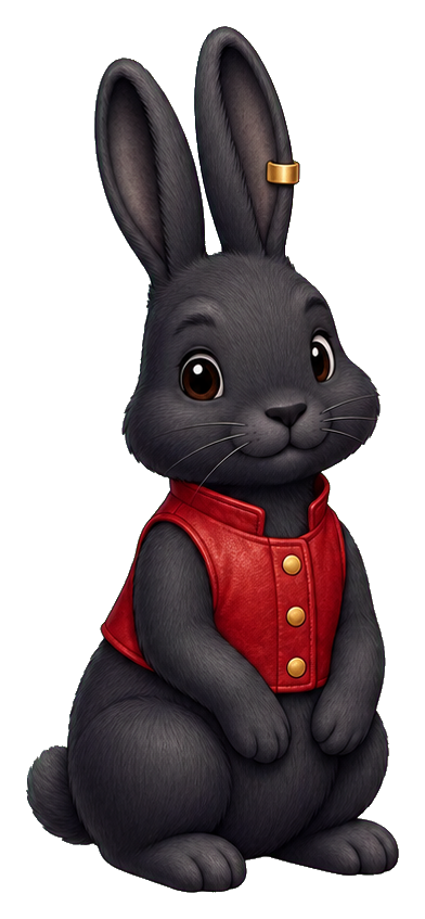 Dark gray bunny wearing a red vest with gold buttons, sitting front view.
