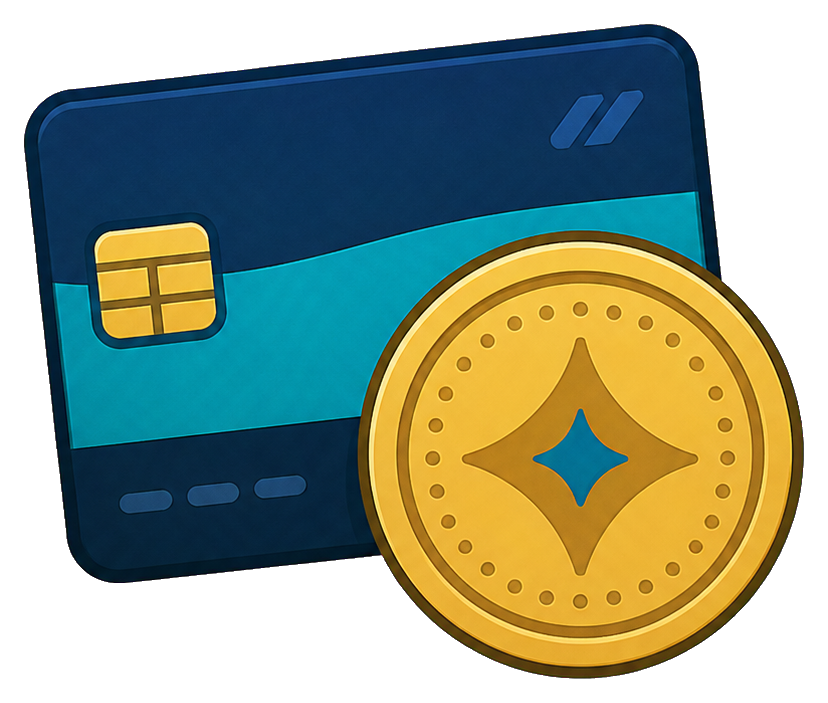 Blue card icon beside a gold coin with a star in the center