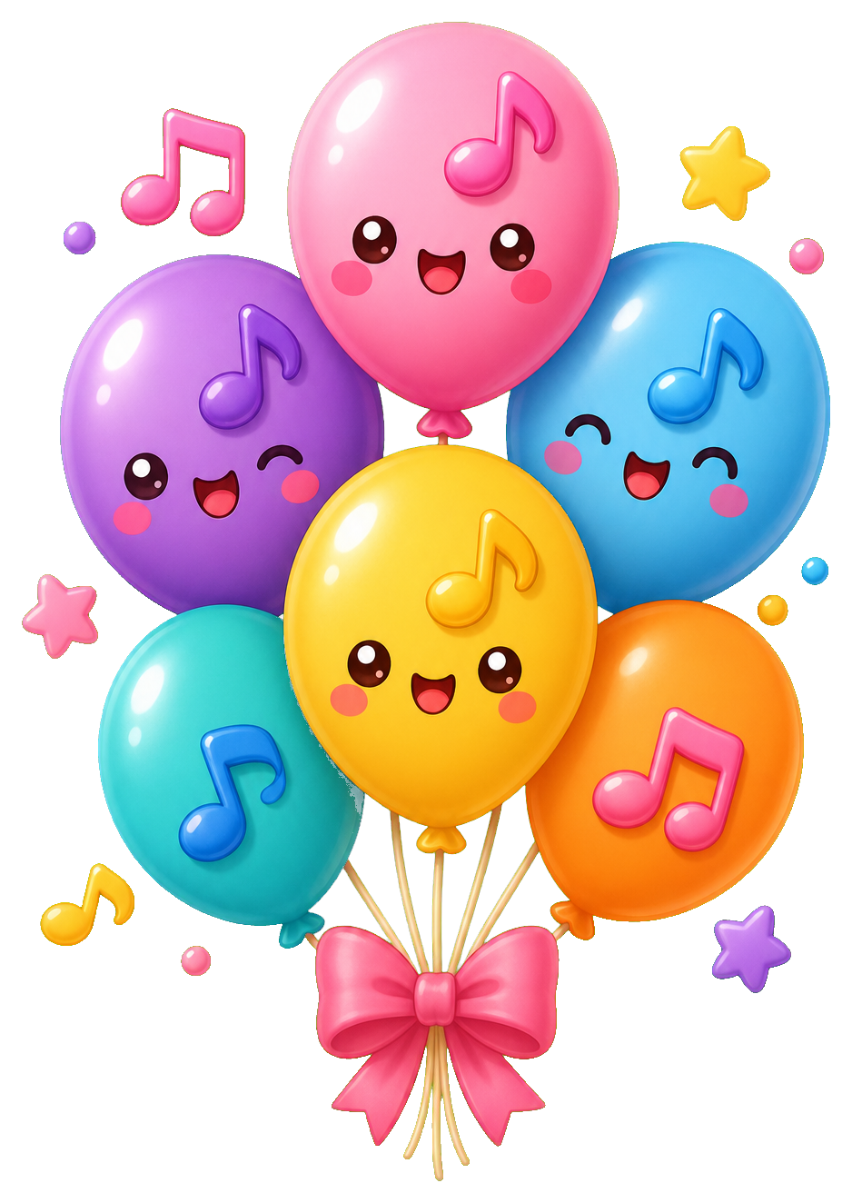 Colorful smiling balloons with musical notes and small stars tied together with a pink bow