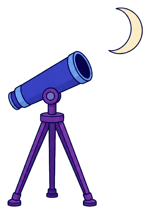 Purple telescope on a tripod with a crescent moon above it