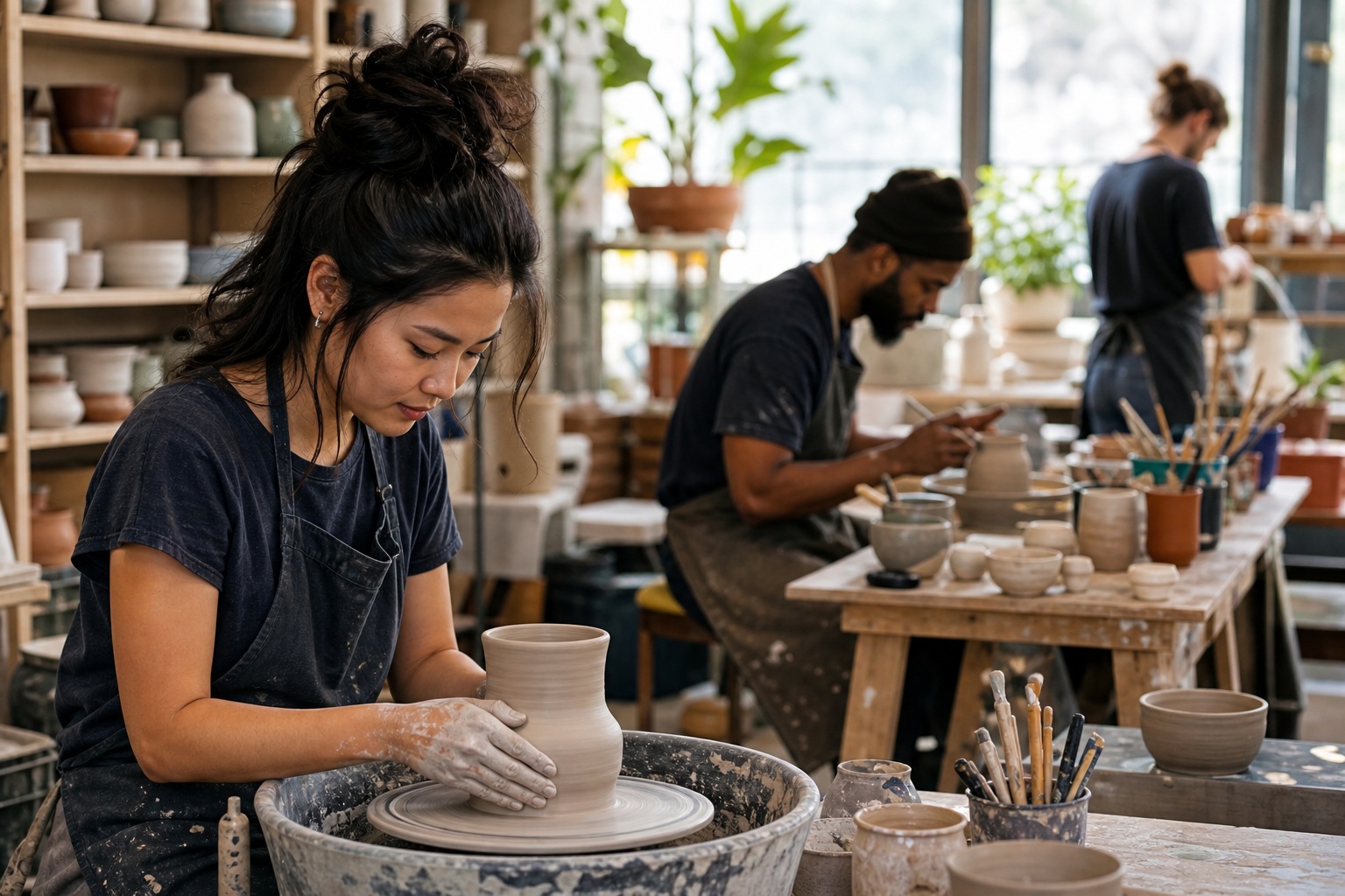 People working in a ceramic studio making pottery at shared worktables