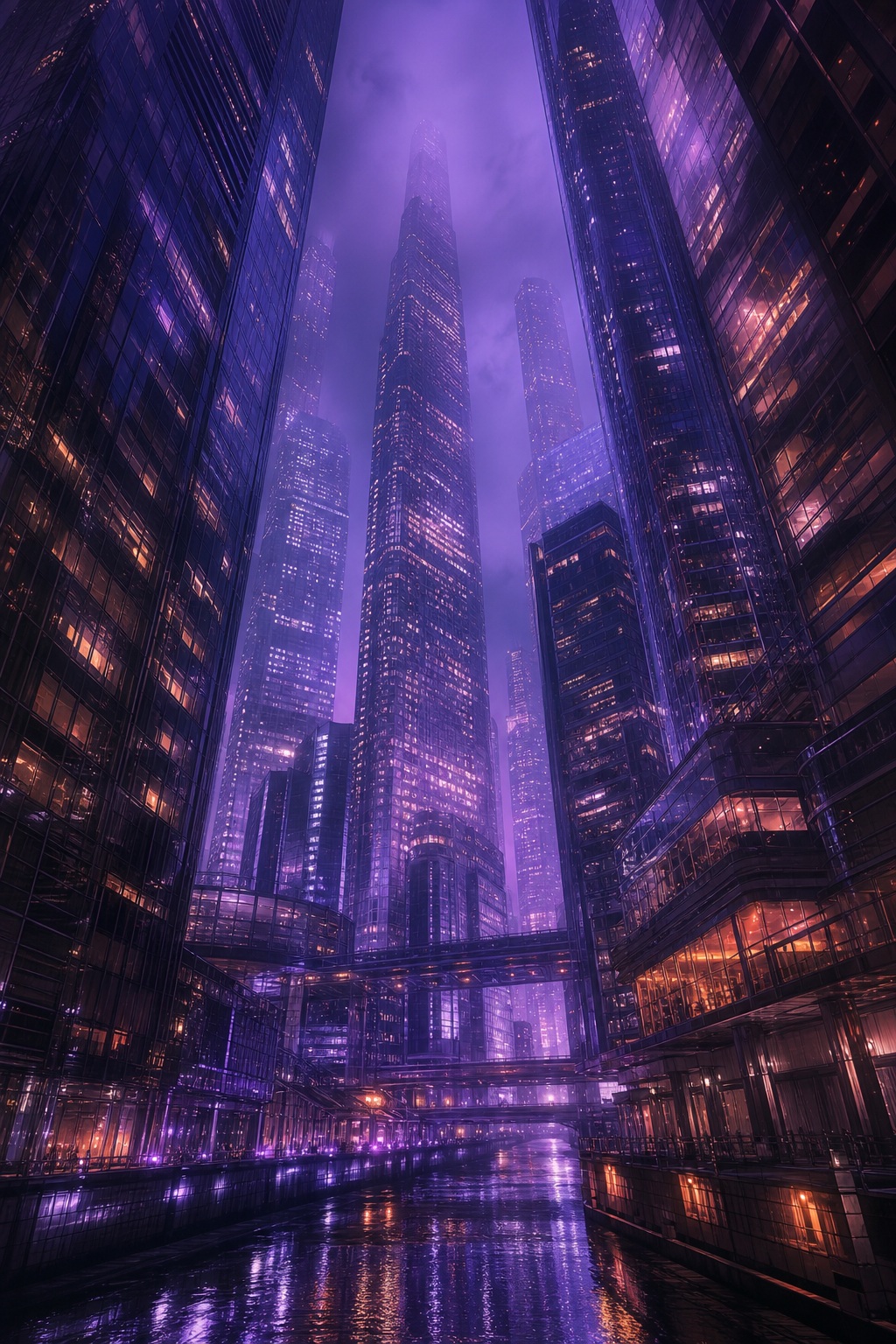 Tall violet-lit city towers rising through a hazy night skyline with reflections below.