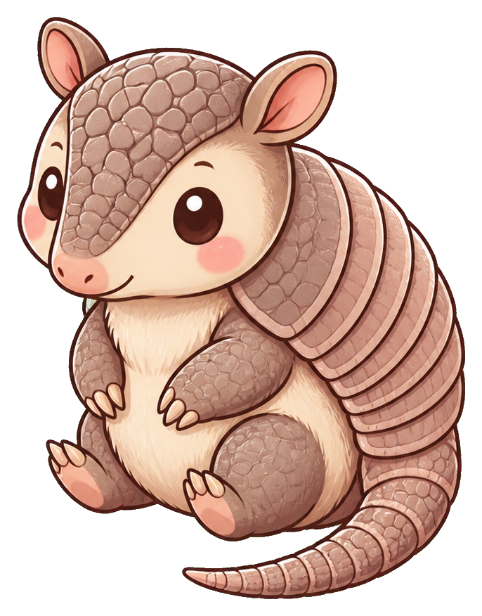 Cute pastel armadillo sitting with a curled tail and rosy cheeks