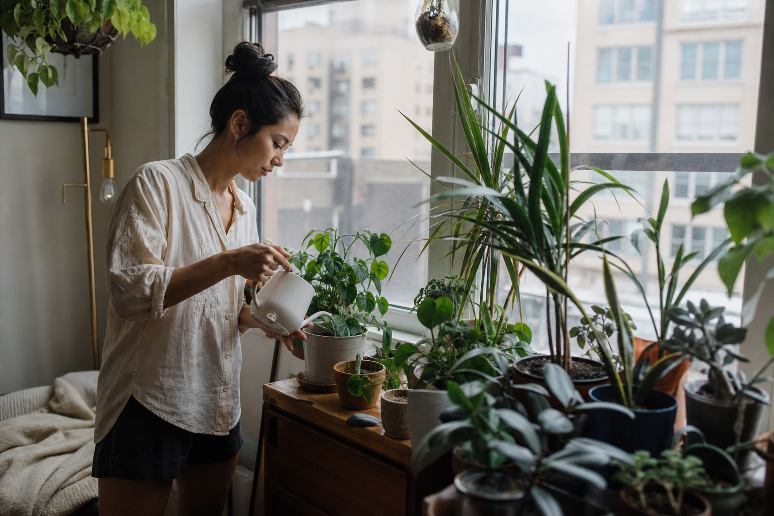 Person watering potted plants beside a bright apartment window in natural light.