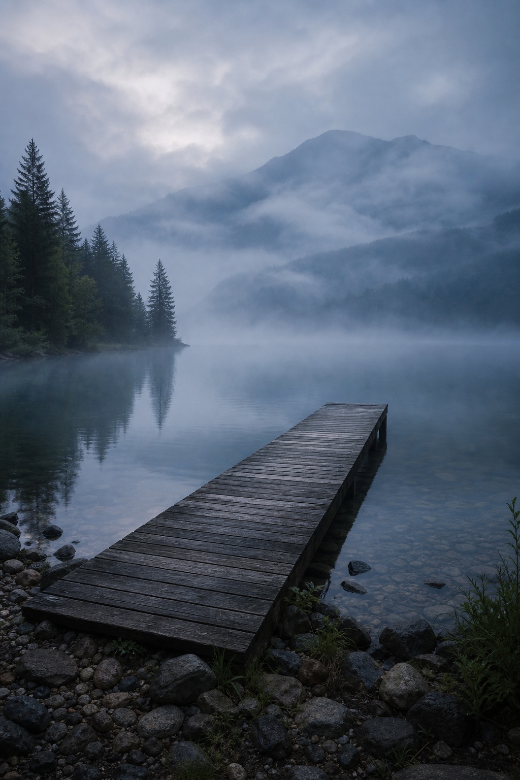 Wooden dock extending into a misty lake with mountains and trees in the background.