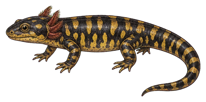 Vintage tiger salamander illustration with a curled tail and spotted body