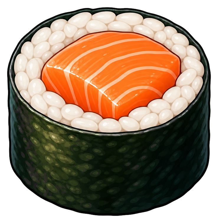 A cute sushi roll with orange salmon and rice wrapped in seaweed.
