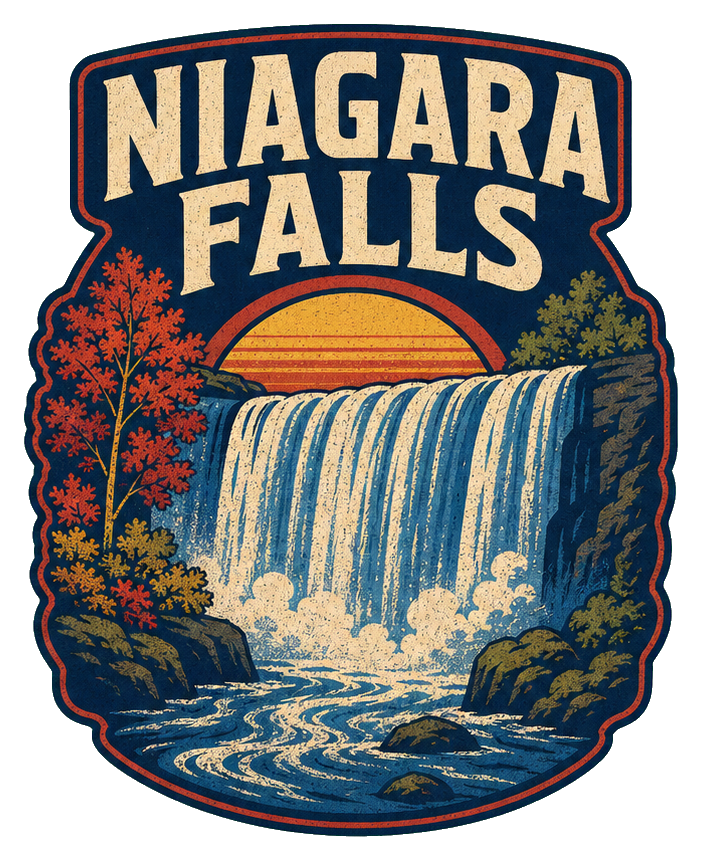 Retro Niagara Falls sticker with a waterfall, trees, and bold text.