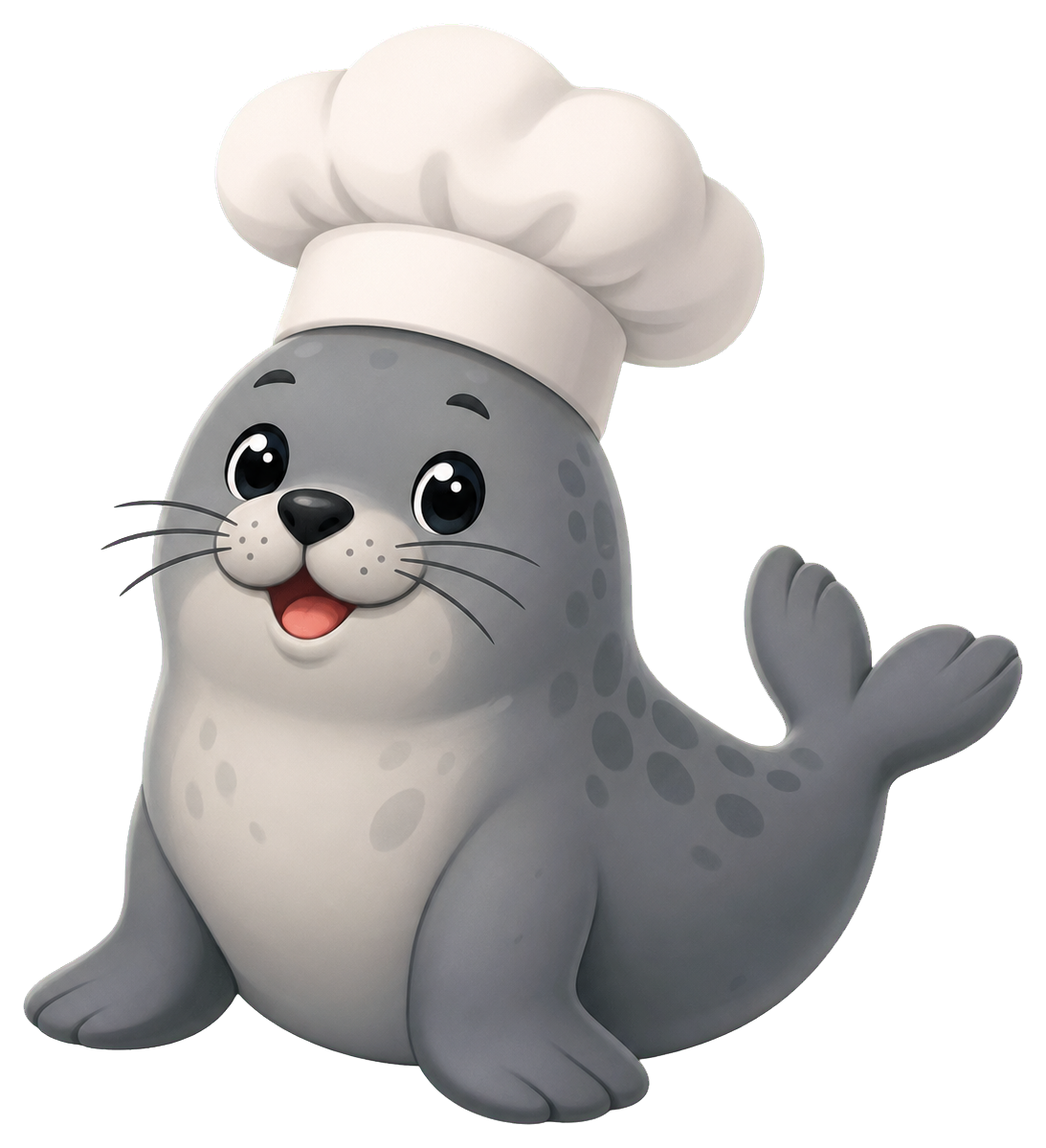 Cute gray seal wearing a white chef hat and waving one flipper.