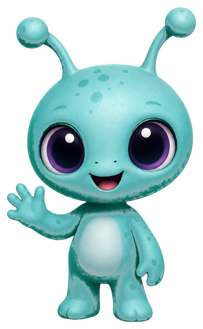 Cute teal alien character with big purple eyes and raised antennae