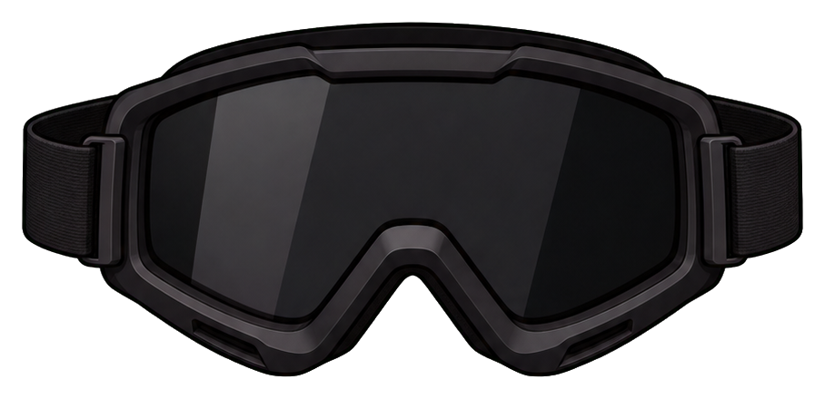 Black bike goggles with a wide lens and strap on a transparent background.