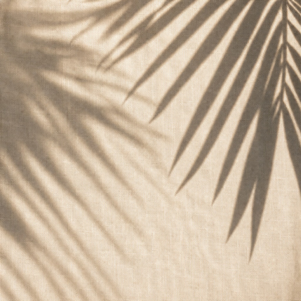 Palm leaf shadows falling across a beige linen-textured background.